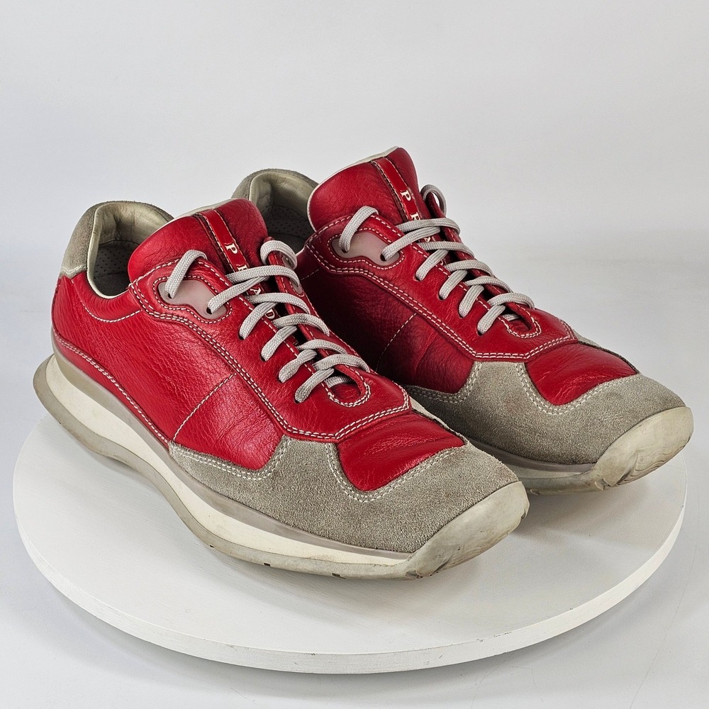 Vintage Prada Americas Cup Red Leather Grey Suede Sneakers E2003 39 Womens